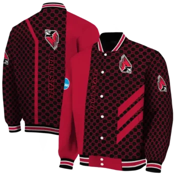 ball state cardinals triple side stripes red black varsity jacket fashion forward.webp