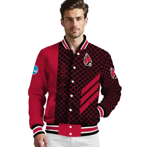 ball state cardinals triple side stripes red black varsity jacket high quality.webp
