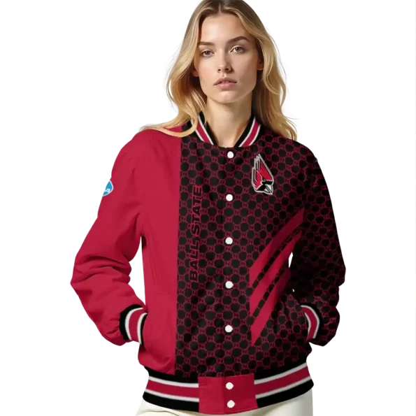 ball state cardinals triple side stripes red black varsity jacket latest model.webp
