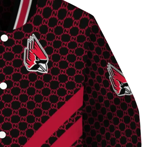 ball state cardinals triple side stripes red black varsity jacket premium grade.webp