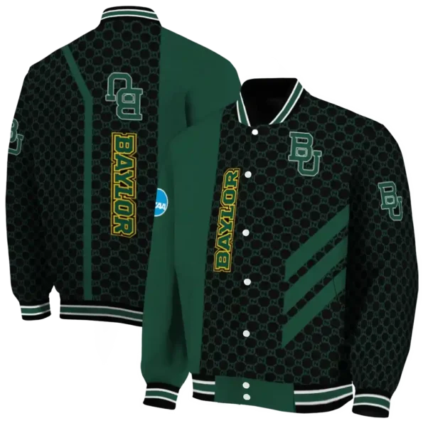 baylor bears triple side stripes green black varsity jacket fashion forward.webp