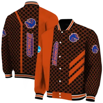 boise state broncos triple side stripes orange black varsity jacket fashion forward.webp