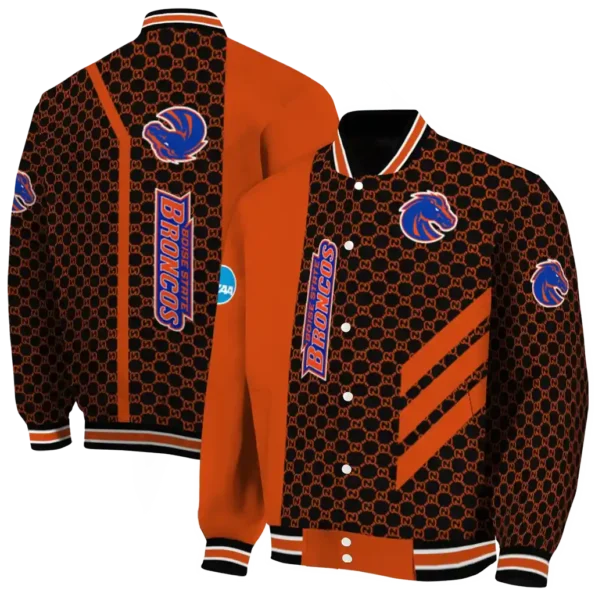 boise state broncos triple side stripes orange black varsity jacket fashion forward.webp