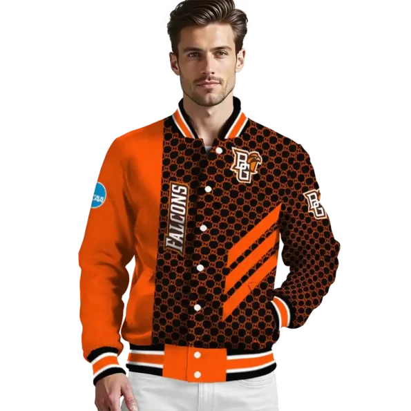 bowling green falcons triple side stripes orange black varsity jacket high quality.webp