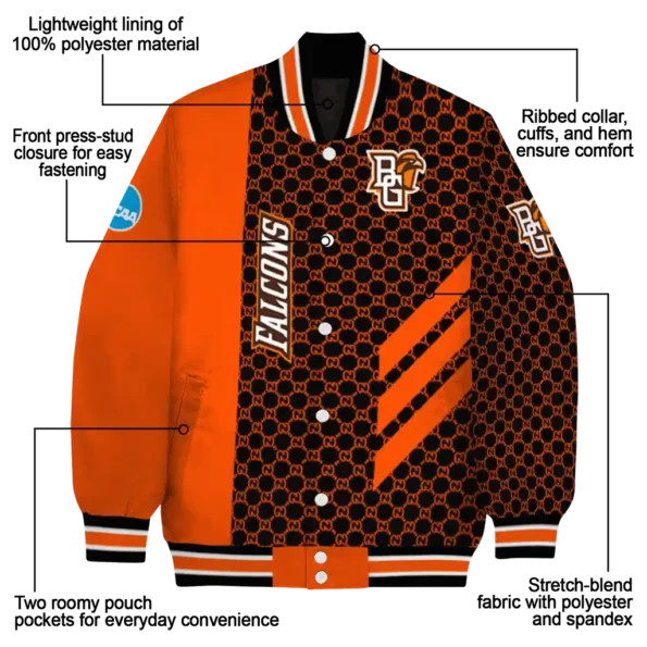 bowling green falcons triple side stripes orange black varsity jacket new arrival.webp