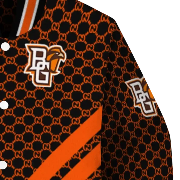 bowling green falcons triple side stripes orange black varsity jacket premium grade.webp