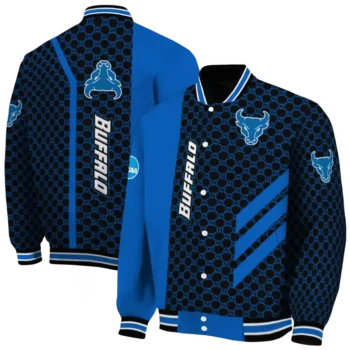 buffalo bulls triple side stripes royal blue black varsity jacket fashion forward.webp