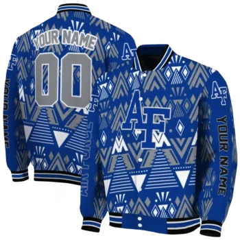 custom air force falcons pyramid shapes blue varsity jacket fashion forward.webp