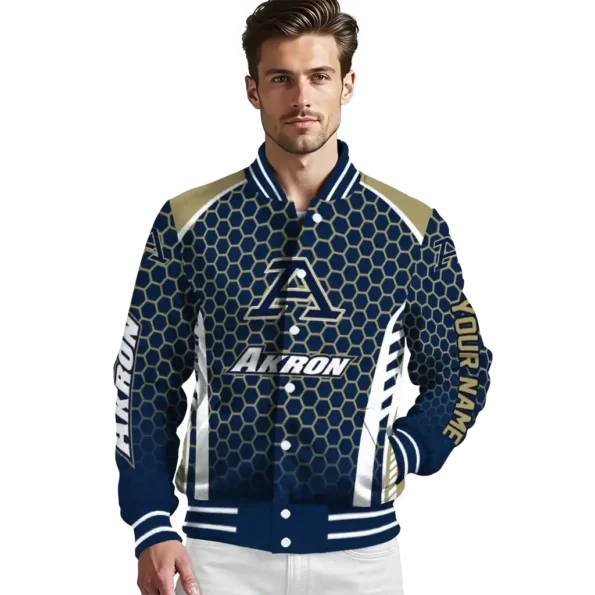 custom akron zips hexagon grid blue varsity jacket high quality.webp