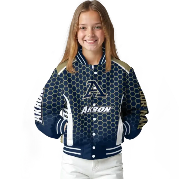 custom akron zips hexagon grid blue varsity jacket top rated.webp