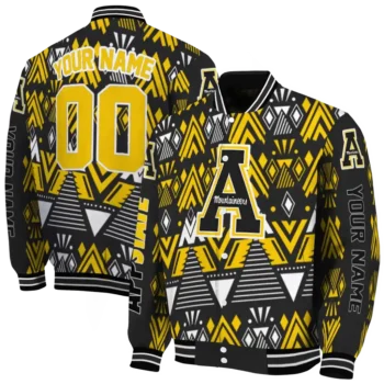 custom appalachian state mountaineers pyramid shapes black varsity jacket fashion forward.webp