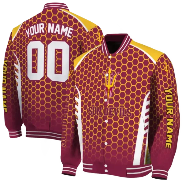 custom arizona state sun devils hexagon grid maroon varsity jacket fashion forward.webp