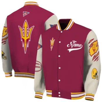 custom arizona state sun devils wildcat pawprint maroon nude varsity jacket fashion forward.webp