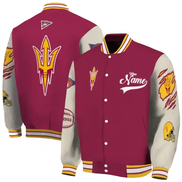 custom arizona state sun devils wildcat pawprint maroon nude varsity jacket fashion forward.webp