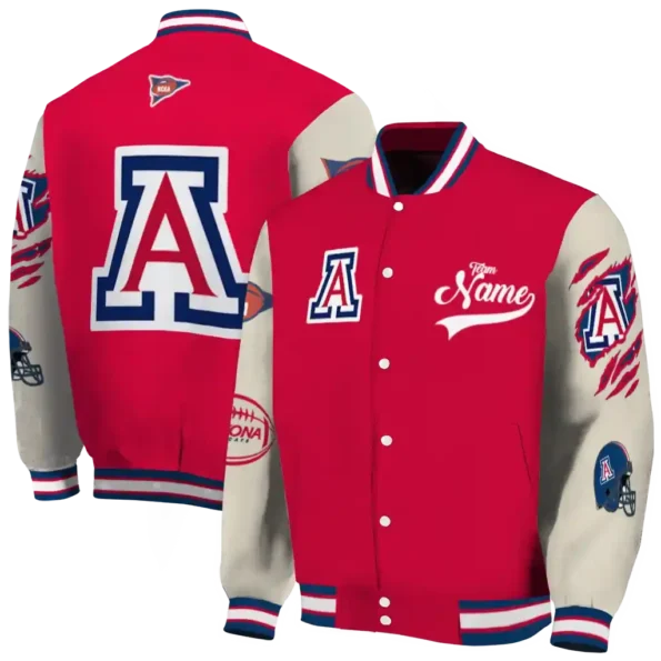 custom arizona wildcats wildcat pawprint red nude varsity jacket fashion forward.webp