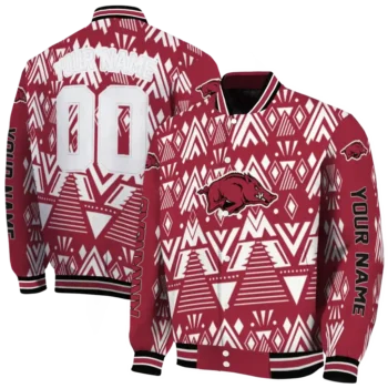 custom arkansas razorbacks pyramid shapes red varsity jacket fashion forward.webp