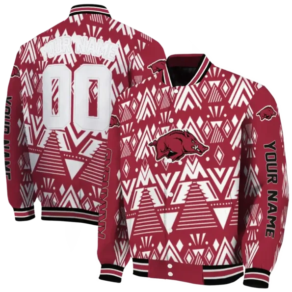 custom arkansas razorbacks pyramid shapes red varsity jacket fashion forward.webp