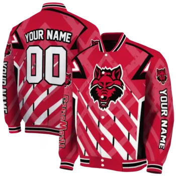 custom arkansas state red wolves chevron angles scarlet varsity jacket fashion forward.webp
