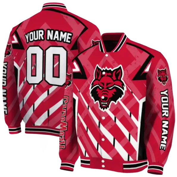 custom arkansas state red wolves chevron angles scarlet varsity jacket fashion forward.webp