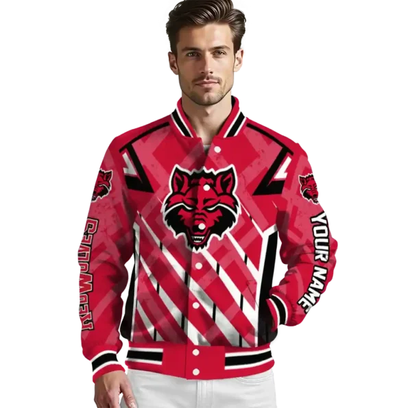 custom arkansas state red wolves chevron angles scarlet varsity jacket high quality.webp
