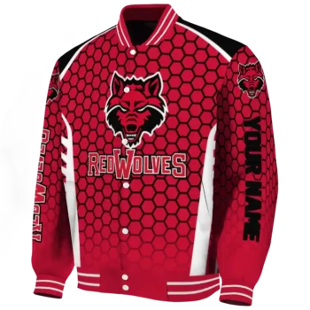 custom arkansas state red wolves hexagon grid scarlet varsity jacket best selling.webp