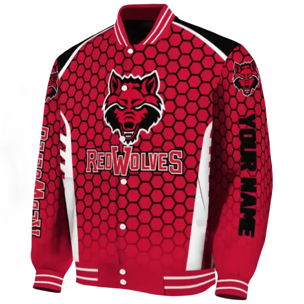 custom arkansas state red wolves hexagon grid scarlet varsity jacket best selling.webp