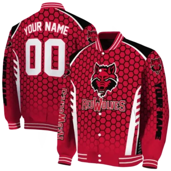 custom arkansas state red wolves hexagon grid scarlet varsity jacket fashion forward.webp