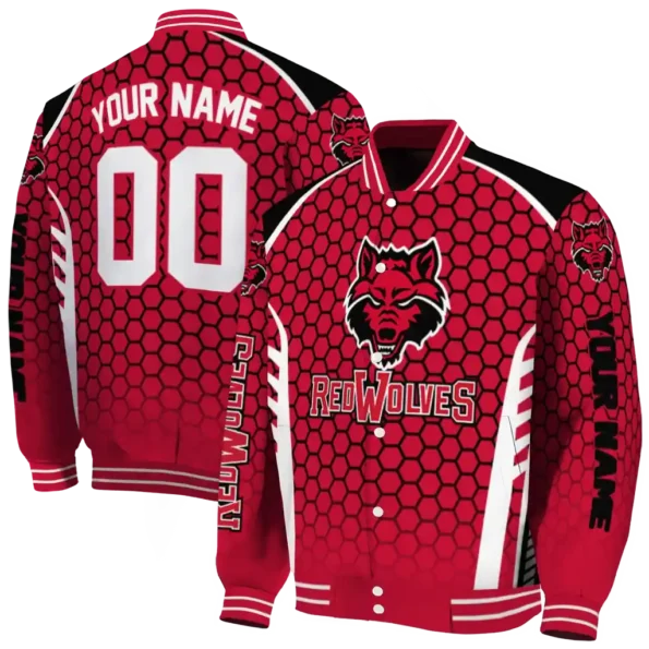custom arkansas state red wolves hexagon grid scarlet varsity jacket fashion forward.webp