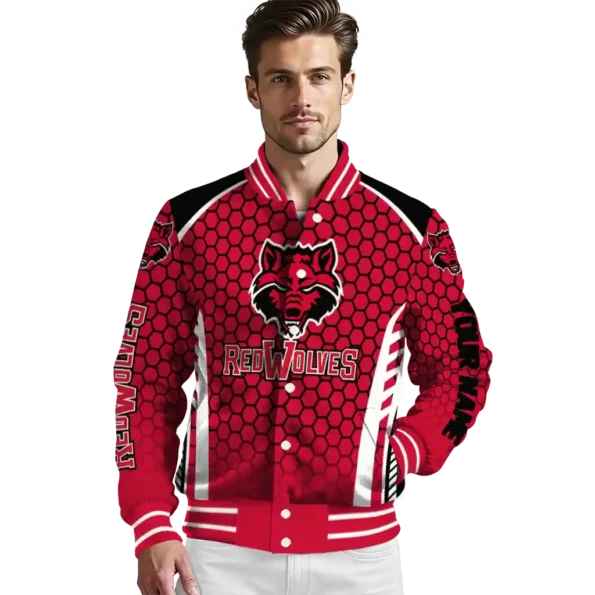 custom arkansas state red wolves hexagon grid scarlet varsity jacket high quality.webp