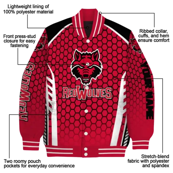 custom arkansas state red wolves hexagon grid scarlet varsity jacket new arrival.webp