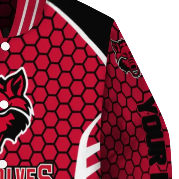 custom arkansas state red wolves hexagon grid scarlet varsity jacket premium grade.webp