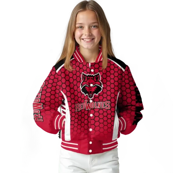 custom arkansas state red wolves hexagon grid scarlet varsity jacket top rated.webp