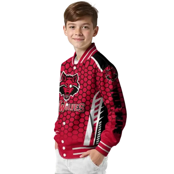 custom arkansas state red wolves hexagon grid scarlet varsity jacket trendy.webp