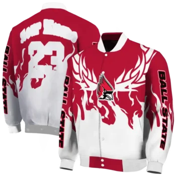 custom ball state cardinals winged blaze red white varsity jacket fashion forward.webp