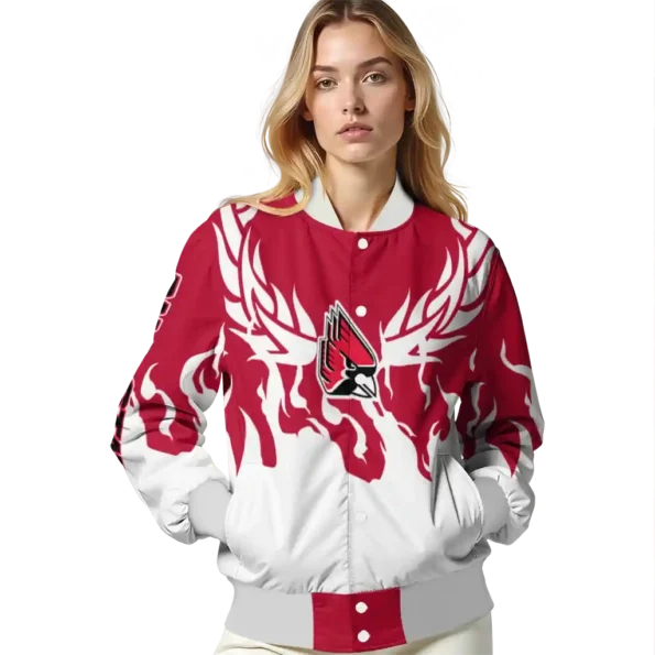 custom ball state cardinals winged blaze red white varsity jacket latest model.webp