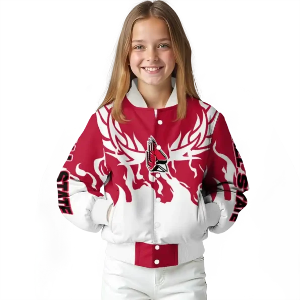 custom ball state cardinals winged blaze red white varsity jacket top rated.webp