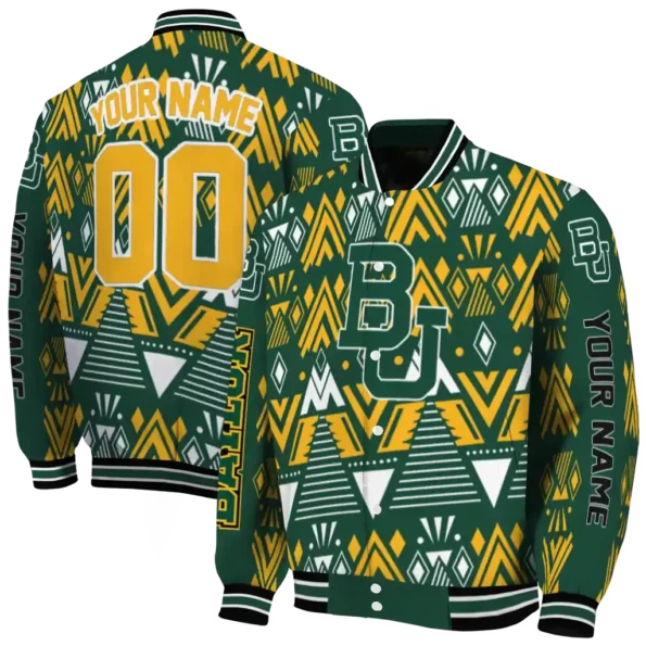 custom baylor bears pyramid shapes green varsity jacket fashion forward.webp