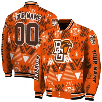custom bowling green falcons pyramid shapes orange varsity jacket fashion forward.webp