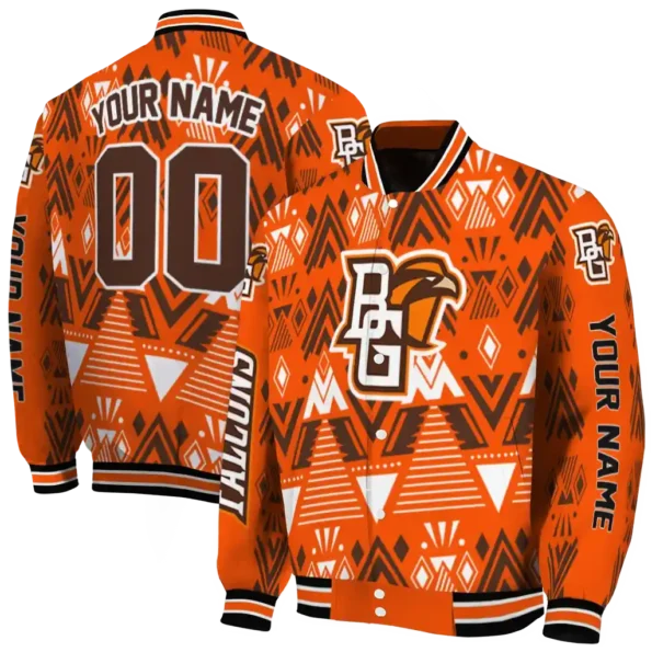 custom bowling green falcons pyramid shapes orange varsity jacket fashion forward.webp