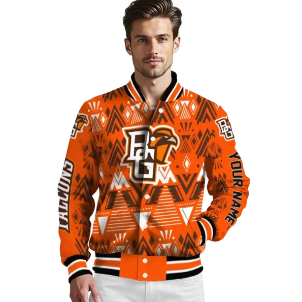 custom bowling green falcons pyramid shapes orange varsity jacket high quality.webp