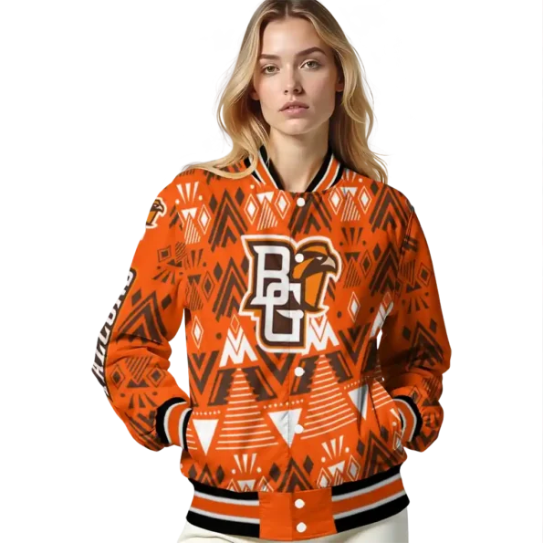 custom bowling green falcons pyramid shapes orange varsity jacket latest model.webp