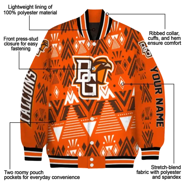 custom bowling green falcons pyramid shapes orange varsity jacket new arrival.webp