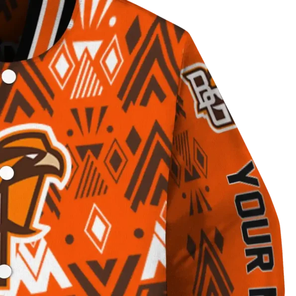 custom bowling green falcons pyramid shapes orange varsity jacket premium grade.webp