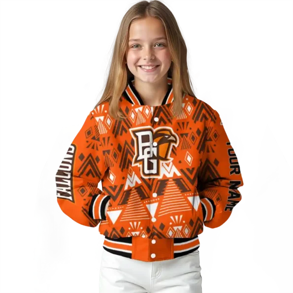 custom bowling green falcons pyramid shapes orange varsity jacket top rated.webp