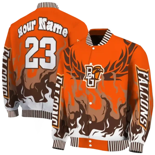 custom bowling green falcons winged blaze orange white varsity jacket fashion forward.webp