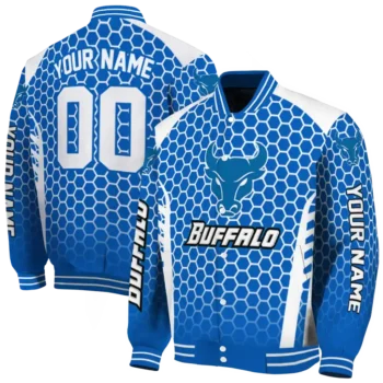 custom buffalo bulls hexagon grid royal blue varsity jacket fashion forward.webp