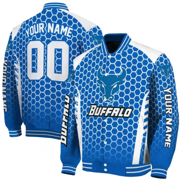 custom buffalo bulls hexagon grid royal blue varsity jacket fashion forward.webp