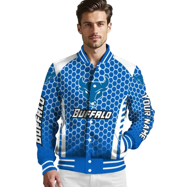 custom buffalo bulls hexagon grid royal blue varsity jacket high quality.webp