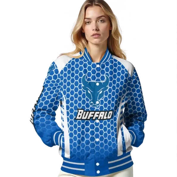 custom buffalo bulls hexagon grid royal blue varsity jacket latest model.webp
