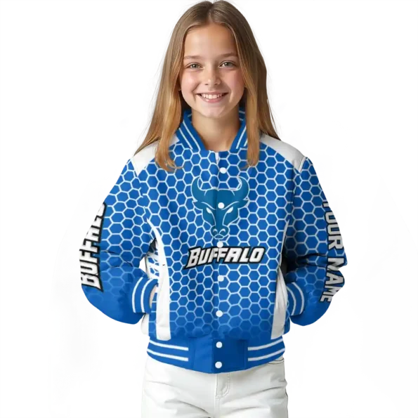 custom buffalo bulls hexagon grid royal blue varsity jacket top rated.webp